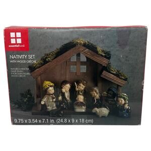New in Box Essential Home Christmas Porcelain Nativity Set with Wood Creche